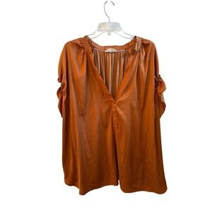 By Anthropologie Rust Orange Pleated V-Neck Blouse  Ruched Sleeve Top 3X